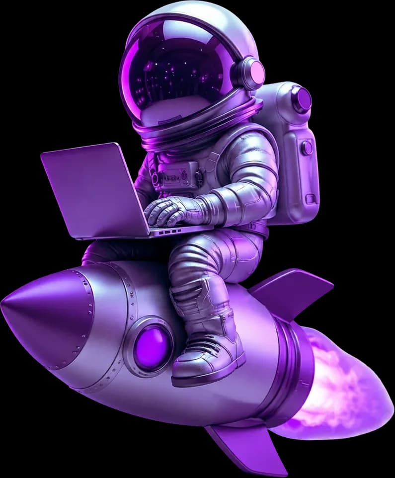 Astronaute assis sur une fusée, ordinateur portable sur les genoux